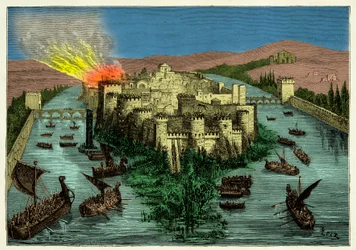 ラグナル・ロズブローク率いるヴァイキングによる845年のパリ包囲、版画、19世紀