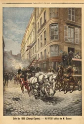 ブッソン氏の絵によると、パリの消防士の蒸気ポンプと車両。Le petit journal "1896年3月5日号に掲載されたエングレーヴィング。セルバのコレクション。