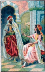 スルタンと姫。Les mille et une nuits" (les 1001 nuits ou Le mille e una notte, Arabian Nights)の中の物語 "Histoire du cheval enchante"。19世紀末のクロモリトグラフ。