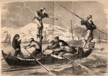 1862年、イタリアのシチリア島の海岸で行われたカジキの銛漁（pesce spada、カジキ）。1862年の "Le Monde illustrious "に掲載されたエングレーヴィング。個人蔵。