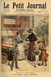 さくらんぼの時期、パリの街を歩く商人。Le petit journal "9/06/1895に掲載されたエングレーヴィング。セルバのコレクション。