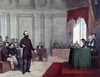 1858年1月14日のナポレオン3世襲撃事件を起こしたフェリーチェ・オルシーニ（1819 - 1858）の裁判の様子。19世紀末のリトグラフ。ミラノの個人コレクション ©Luisa Ricciarini/Leemage