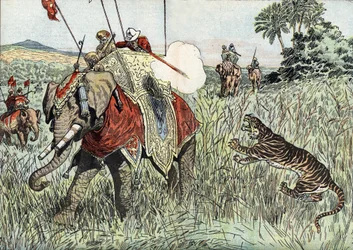 プリンス・オブ・ウェールズ（当時エドワード8世、その後ウィンザー公）（1894年〜1972年）の英領インドへの航海、ここでは虎狩りの際に表現されている」（Prince Edward of Wales during a tiger hunting in the British India