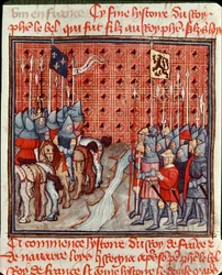 フィリップ4世（1268-1314）の武器が川のほとりで敵のミニチュア軍を迎え撃つ（「フランス大年代記」より）14世紀 シャンティイ、コンデ美術館蔵