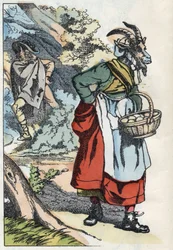 オオカミは家を出たヤギを探しています。Jean de la Fontaineの寓話にちなんだ物語「Compere le Loup, Maitre Renard, Comere la Chevre et ses petits biquets」のイラスト。小さな子供たちのための家の物語」の中で。Anonymous engraving