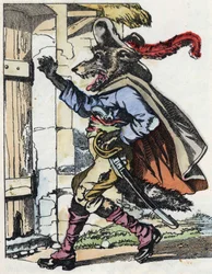 オオカミがビケの家のドアをノックする。Jean de la Fontaineの寓話にちなんだ物語「Compere le Loup, Maitre Renard, Comere la Chevre et ses petits biquets」の挿絵。小さな子供たちのための家の物語」で。Anonymous engraving o