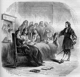 1650年、姉のマドレーヌ・ドゥ・スクデリが開いた文学サロンでの作家ジョルジュ・ド・スクデリ（1598-1667）の様子。1860年から1861年のエングレーヴィング。