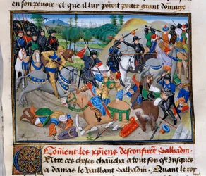 第3回十字軍。"How the Christians confirm Saladin" サラディン（1138-1193）（Salah al Din Yusuf al-Ayyubi (al Ayyubi)）は1191年頃に十字軍に敗北する。ダビッド・オーベール作「クロニクル・アブレジー」よりミニチュア