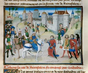 第三回十字軍：1187年、スルタン・サラディン（1138-1193）（Salah al-Din Yusuf al-Ayyubi (al-Ayyubi)）によるエルサレムの占領。ダビッド・オーベール作「Chronicle abregee」のミニチュア