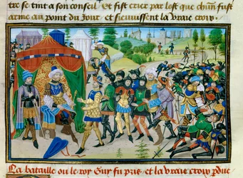第三回十字軍：1187年7月4日のハットンの戦いにおける真の十字架の喪失、David Aubertによる「Chronicle abregee」のミニチュア、1450年頃