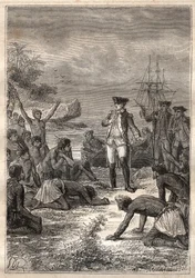 キャプテン・ジェームズ・クック（1728-1779）の第3回目の航海（1776-1779）。原住民（ハワイ）に歓迎されるクック - イラストは "The Great Mariners of the 18th century "より引用