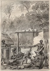 キャプテン・ジェームズ・クック（1728-1779）の第3回航海（1776-1779）：タヒチへの人身御供 - 図版は "The Great Mariners of 18th century "より引用