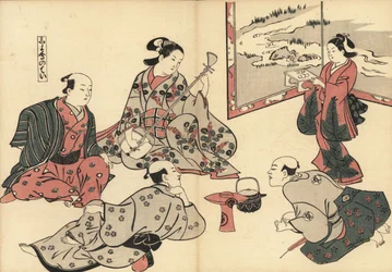 3 人の武士が花魁の三味線の演奏に耳を傾け、かむろが盆に食べ物を運びます。 奥村正信（1686-1764）による木版画「風俗絵巻物」、東京、1880年頃の再版。