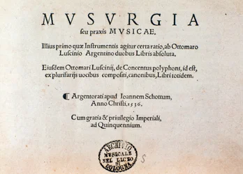 Musurgia practical manual of music』のタイトルページ（1536年