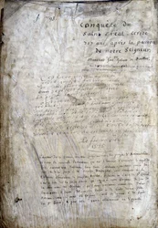 写本のタイトルページ。主人の受難から717年後に書かれた「サン・グレアルの征服」。レンヌ市立図書館、ms.255（円卓の小説コレクション）、パリ