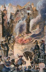 ジュネーブのミシェル・セルヴェの拷問（Michael Servetus）（Michel de Villeneuve）スペインの医師・神学者（1511-1553） - Le torice de Michel Servet (Miguel Serveto) (1511-1553) a Geneva, Spanish doctor and theologian Engraving