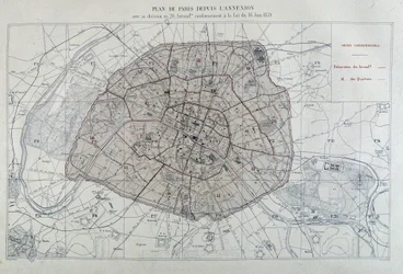 第二帝政期のパリの変貌、オスマン・パリ。1859年6月16日の法律に従って20区に分割された併合後のパリの平面図 - "Atlas administratifs des arrondissements de la Ville de Paris" にて