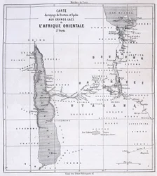 イギリスの探検家リチャード・フランシス・バートン（1821-1890）と東アフリカの五大湖へのスペーク（1857-59年）の旅行地図 - トゥール・デュ・モンドにて