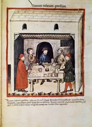 医者を治療する。「Tacuinum sanitatis" (Cod.ser. nov. 2644) からの引用ページ 1400年頃 ウィーン、Osterreischische Nationalbibliothek