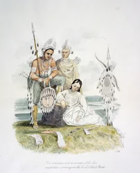 ブラック・ホークの墓を弔うサックス・アンド・フォックス族の2人の戦士と1人の女性、1843-50年頃（水彩画）
