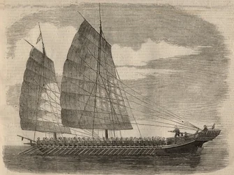 広東での中国の海賊船の眺め。1月31日の「The Illustrated London News」に掲載された版画