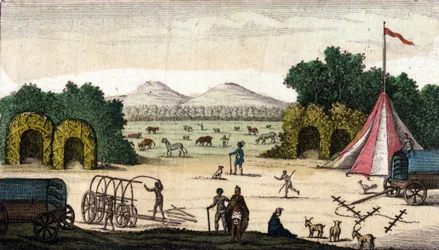南アフリカ、ケープ州のパンポエン・クラール（Pampoen-Kraal）にあるオランダ人キャンプ（Pioneers BoersまたはVoortrekkers、Afrikanersより）の風景。1860
