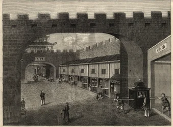 中国、広州の城壁内の通りの様子。1857年2月14日の「The Illustrated London News」に掲載された版画。