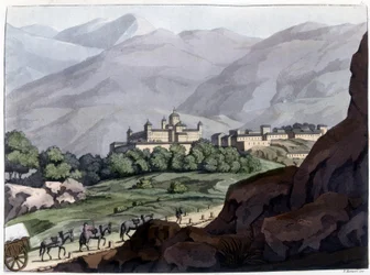 1563年から1584年にかけて、フィリップ2世のもとで建設されたスペインの宮殿兼修道院「エスコリアル」の眺め。19世紀のリトグラフ。