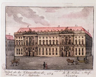オーストリア、ウィーンのボヘミアン・オーストリア首相官邸ホテルの眺め。1815年のエングレーヴィング 個人蔵