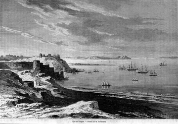 モロッコ、タンジールの要塞都市の湾と海岸の眺め。1860年に描かれたもの。