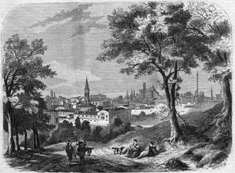 1860年のイタリア・ボローニャの街の風景。