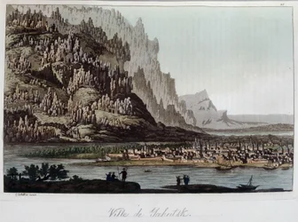ロシアのヤクーツク市の風景。フェラーリオによる「古今東西の衣装」1819-1820で。