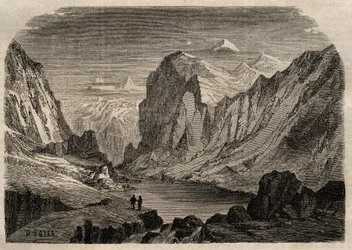 19世紀のスイスのダボスの風景 - 1864年の「Dictionnaire populaire illustrious」に掲載された彫刻 - Joseph DecembreとEdmond Allonierによるもの。