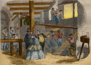 吹きガラス職人のいるガラス製品の内部の様子。1856年に描かれた "Le Musee Des Sciences "の版画
