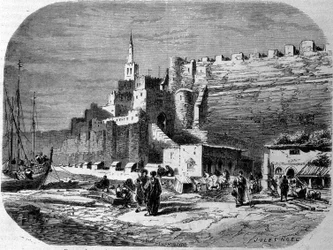 モロッコ、タンジールの要塞都市の港と海岸の眺め。1860年に描かれたもの。