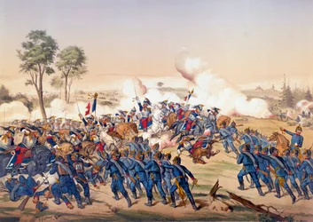 1870年の戦争：ドイツの勝利をもたらした1870年08月06日のフローシュウィラー・ワース（Froeschwiller-Woerth）の戦いにおける戦艦の突撃 - 1870年のリトグラフ。パリ、オランダ