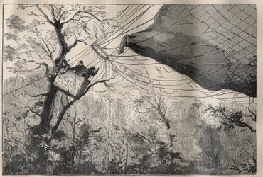 1870年の戦争：レオン・ガンベッタ（1838-1882）を乗せたボール「アルマン・バルベス」の降下 1870年10月7日 - Engraving In "La Science francaise"