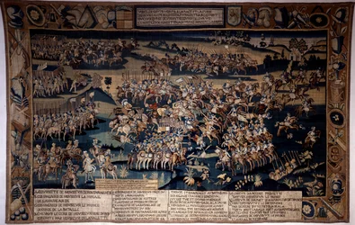 宗教の戦争"ジャルナックの戦い、ブルボン公ルイ1世の死（ブルボン＝コンデ）（1530-1569）" 1569年3月13日、コンデ公のプロテスタント軍と、アンジュー公が指揮するフランス王の軍とが対立する。タペストリー