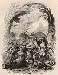 ガリア人の戦争。ベルギー人のエブルン人とローマ軍との間で行われたAduatucaの戦い。紀元前54年、Quintus Titurius SabinusとLucius Aurunculeius Cottaを破る。1868年に出版された「Histoire de Belgique from the primitive times to the end of the world」に掲載されている図版。