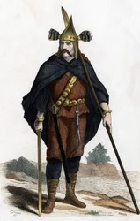 戦士、青銅製武器の時代-「Les Costumes civil et militaryaires des Français dans travers les siècles Paris F. Roy 1882」による。