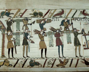 1066年、征服王ウィリアム（1027-1087）の艦隊がイングランドを征服するための燃料補給で、武器やワインが船に運ばれてくる バイユーのタペストリーまたはマチルド王妃の刺繍の詳細