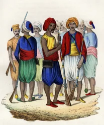 1830年に訓練されたアフリカのフランス軍の土着のティライユ（騎兵）であるズアーブ。Storia d
