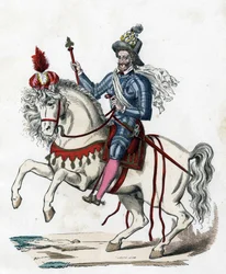 1596年のフランス王アンリ4世（1553-1610）の騎馬像（「The Civil and Military Costumes of the French through the Centuries Paris F. Roy 1882」所収）。
