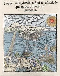 Opticae Thesaurus "のイラスト Alhazen, Abu Ali Al-Hasan Ibn al-Haitham (987-1038 or 965-1039?) - イラクの数学者、物理学者、哲学者。1572