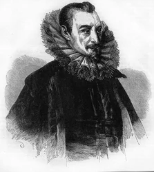 イギリスの詩人エドマンド・スペンサーの肖像（1552年～1599年）。William Howittの "History of England "の後に彫られたもの。