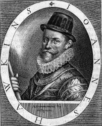 サー・ジョン・ホーキンズ（ホーキンズ）、イングランドの提督（1532-1595）の肖像。黒人の取引を最初に行った人物として知られる。ロンドンの商人の資金援助を受け、アフリカとアメリカ大陸の間を数回航海した。1620年の版画。