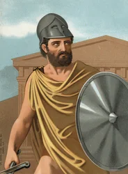 テミストクレスの肖像。 ギリシャ語でThemistoklês 政治家、アテネの将軍（紀元前525年頃から紀元前460年頃まで） Hombres y Mujeres celebresの後。バルセロナ 1877年