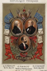 ラザール・カルノの肖像 フランスの政治家（1753-1823）、ヒポライト・カルノ（1801-1888）、サディ・カルノ（フランス共和国大統領）の肖像。