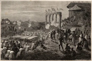 テテ（モザンビーク）の花嫁行列。1840年から1856年にかけて行われたリビングストン博士の南部アフリカへの最初の航海を描いたエングレーヴ。