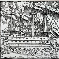 アストロラーベを使うポルトガルのカラベルの航海士。ドイツ人航海士ハンス・シュターデン（1525-1579）の旅行記からの挿絵